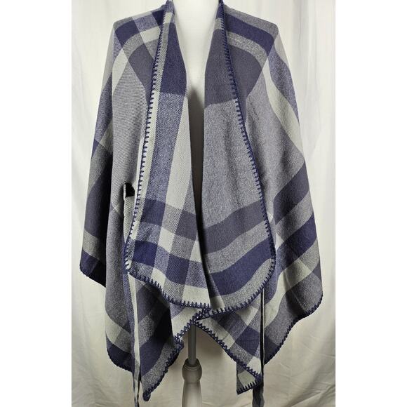KIT BY EG WOMEN'S PLAID BLUE/GRAY SHAWL WRAP PONCHO SCARF - ONE SIZE FITS ALL - Picture 2 of 7